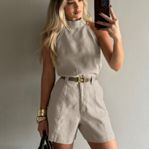 Nieuwe elegante tweedelige damesset met schouderloze mouwloze top en short met hoge taille, zomerdamesset