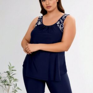 Nieuwe grote maten badpak dames marineblauwe zeesterprint losse tankini + capri-set voor strandvakantie, comfort en bescheiden pasvorm