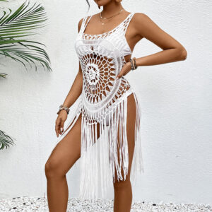 Nieuwe handgehaakte strandjurk met franje, uitgeholde halter bikini cover-up, hete verkopende zomer handgebreide strandtuniek voor Amazon Wholesale