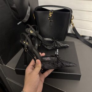 Nieuwe zwarte kanten hoge hakken voor dames, boog enkele riemgesp puntige zomersandalen met gesloten teen