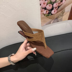 Op voorraad Elegante vierkante teen string hoge hak sandalen voor dames, stijlvol comfort open teen zomer casual slippers