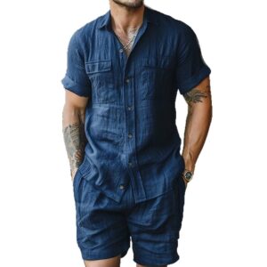 Relaxed-fit linnen outdoor casual strand multi-pocket revers werkkleding set met korte mouwen en shorts