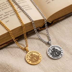 Saint Christopher medaille munt hanger ketting, goud zilver tweekleurige roestvrijstalen kinketting, reizen religieuze nek sieraden, mannen vrouwen geloof pendelen vakantie cadeau