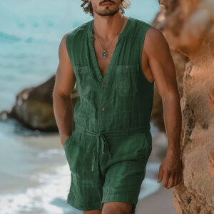 SpringSummer mouwloos herenvest en korte broek met trekkoord voor buitenkleding op het strand