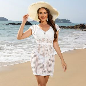 Vrouwen uitgehold gebreide strand cover-up jurk, trekkoord V-hals pure mesh minirok, effen kleur badpak cover-ups voor zomervakantie