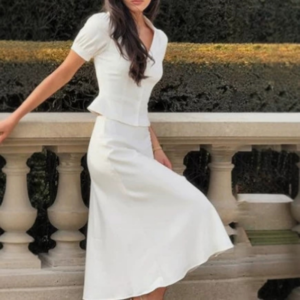 Zomer nieuwe collectie elegante revers single-breasted top met korte mouwen en schede rok tweedelige set