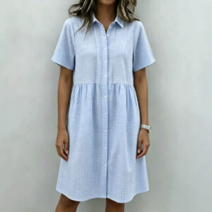 Zomer nieuwe collectie vintage chique polo-hals geruite jurk met pofmouwen