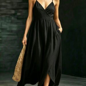 Zomerjurk met V-hals en zakken voor dames, slanke, elegante midi-jurk met tailleband