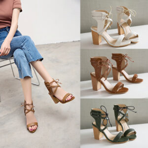 Zomersandalen in Romeinse stijl met dikke hak voor dames met gekruiste bandjes met veters