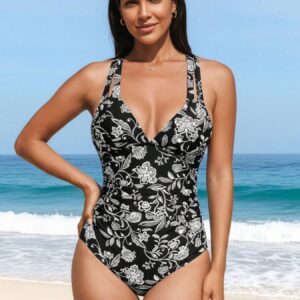 Zwart-wit bloemenbadpak voor dames, diepe V-hals, halterbandje, lijfje met ruches, strandbadpak met vintageprint