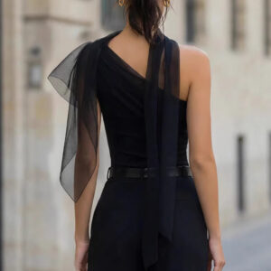 Dames nieuwe zwarte chiffon one-shoulder top met gesplitste draperende plooien