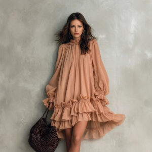 Graceful Stand Collar Trumpet Sleeve Cape Style Dress