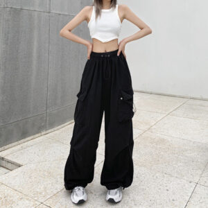 Modern American-style Vintage Work Pants For Men And Women, Summer Versatile Straight-leg Pants With A Relaxed Drape, Drawstring Cuffs, And Wide-leg Casual Style-black