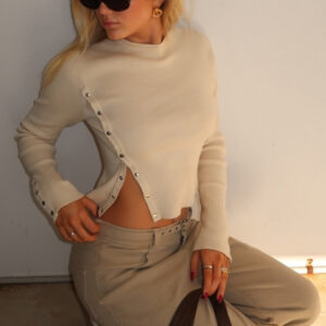 Onregelmatige gebreide trui met knopen en split, Street Fashion-pullovertop voor dames