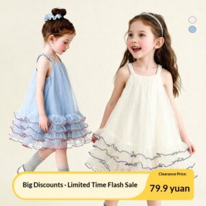 Tule-jurk met spaghettibandjes voor meisjes, effen kleur, golvende rand, bubbelzoomjurk voor de lente-zomer