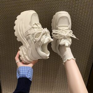Women Rhinestone Mesh Platform Chunky Dad Sneakers Sparkly Glitter Multi Layer Thick Sole Lace Up Trainers Y2K Street Style Breathable Casual Sport Shoes For Daily Wear
