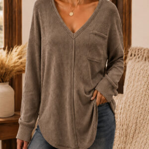 Anuo nieuwe collectie herfst winter mode casual losse v-hals wafel gebreide top
