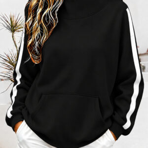 Cross Border European And American Autumn Winter New Women's High Neck Ribbed Sweatshirt Loose Casual Sporty Style Sweatshirt With Striped Sleeves For Women
