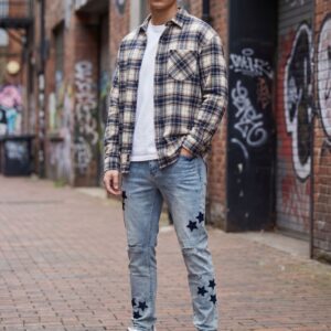 Cross-Border Foreign Trade Star Patch Embroidery Splatter Ink Ripped Jeans Men's High Street Style Heavy-Duty Trendy Brand Slim Straight Fit
