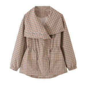 Dames herfst turn-down kraag geruite trenchcoat met trekkoord in de taille