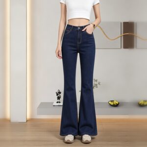 Dames hoge taille donkerblauwe effen flare jeans, klassieke gewassen stretch denim bell bottom broek met zakken