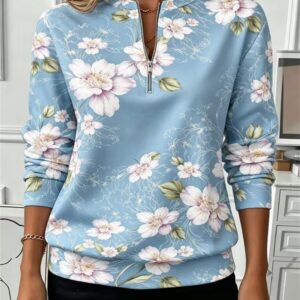 Dames sweatshirt met halve rits en lange mouwen, golvende streep hart-sterrenprint casual pullover top