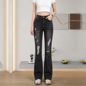 Distressed Flare Jeans met hoge taille voor dames, vervaagde zwarte gescheurde stretchdenim Bell Bottom-broek