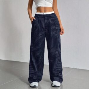 European And American Foreign Trade New High-Waisted Drapey Striped Suit Pants For Women, Versatile Straight-Leg Fashion Casual Pants For Work