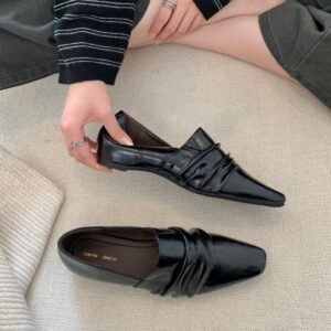 French-style Vintage Square-toe Pleated Hidden-heel Pumps For Women