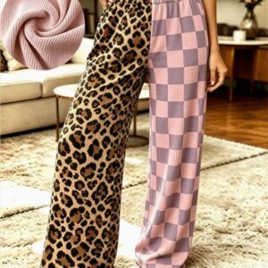 Geribbelde gebreide broek met wijde pijpen, luipaard- en dambordprint, losse broek met hoge taille en zakken, casual loungewearbroek voor dames