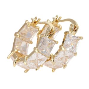 Gold Tone Rectangular Crystal Hoop Earrings Brass Women Sparkling Wedding Party Fashion Jewelry Elegant Versatile