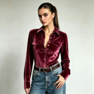 Herfstvakantie overhemd met knoopsluiting in zakstijl voor dames, effen kleur fluwelen revers top met lange mouwen