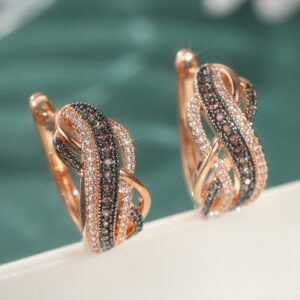 Twisted Black White Crystal Hoop Earrings Rose Gold Tone Brass Women Party Wedding Fashion Jewelry