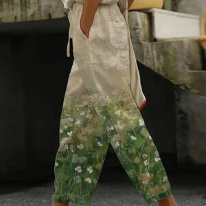 Women Cropped Pants Elastic Waist Drawstring Floral Print Casual Trousers With Pockets