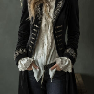Womens Long-sleeve Solid-color Patchwork Lace Gold-velvet Coat