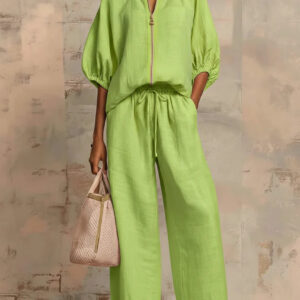 Zomer Nieuwe Europese en Amerikaanse Grensoverschrijdende Damesmode Casual Losse Effen Kleur Rits Ronde Hals Wijde Pijpen Broek Set voor Dames