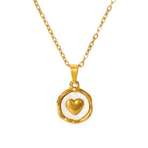 18K Gold Plated Stainless Steel Heart Jewelry Set For Women, White Enamel Round Coin Pendant Necklace Stud Earrings Open Adjustable Ring, Dainty Love Theme Jewelry Gift