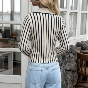 Amazon Autumn Nieuw gestreept vest met lange mouwen Elegante slim-fit korte gebreide trui voor dames
