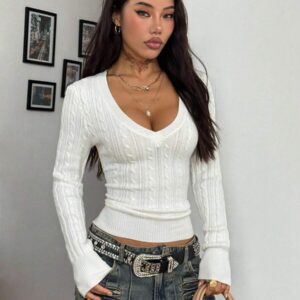 Amazon Bestseller V-neck Cable Knit Sweater For Women, Slim Fit, Long Sleeve, Autumn Winter Fashion, Hot Girl Style Pullover