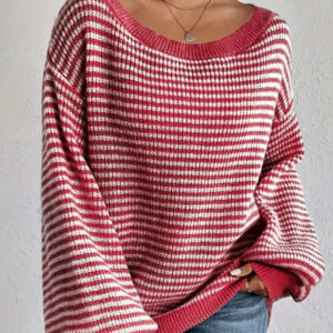 Amazon Elegant One-Line Collar Spring & Fall Knitted Knitwear Cross-Border Foreign Trade Striped Contrast Color Pullover Knitted Top For Women