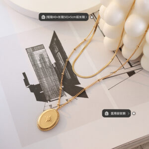 Autumn And Winter Korean Edition Oval Lace Double Layer Eight Mang Star Pendant Necklace Titanium Steel Plated 18K Gold Jewelry