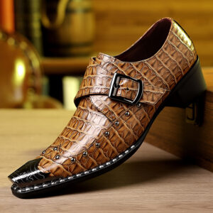 British Retro Monk Shoes For Men, Crocodile Pattern Pointed Leather Shoes With Buckles And Rivets, Wear-Resistant Stage Business Men's Shoes Wholesale