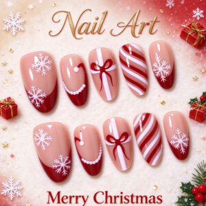 Christmas Snowflake Bow Stripe Press On Nails ABS Resin Women Holiday Manicure Set Festive Design