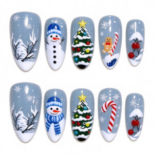 Christmas Snowman Tree Candy Cane Press On Nails ABS Resin Women Holiday Manicure Set Festive