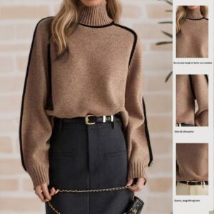 Cross-Border Foreign Trade Women's Knitwear, Fashionable Half Turtleneck Raglan Sleeve Top, Elegant Line Threaded Bottoming Knitwear For Women