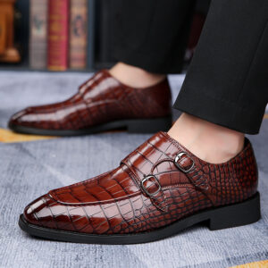 Cross-Border Large Size Crocodile Pattern Leather Shoes For Men, Pointed Toe, Metal Buckle, Breathable, Soft Sole, Casual Leather Shoes, Non-Slip, Wear-Resistant Men's Shoes