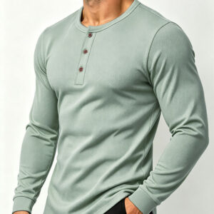 Cross-Border Men's Clothing Autumn Men's Long-Sleeved T-Shirt European And American Large Size Henley Collar Solid Color Quick-Drying T-Shirt Men's Sports Base Shirt