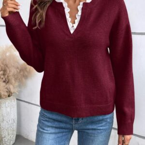 Cross-border European And American Fall Winter New Fashion Lace V-neck Sweater Solid Color Loose Long-sleeve Women's Knitwear
