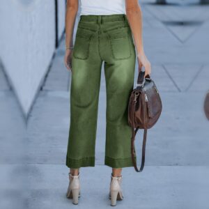 Dames Mid Waist Patch Pocket Cropped Flare Broek, Legergroene Effen Kleur Slim Bootcut Denim Broek
