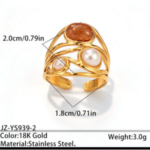 European & American Light Luxury Pearl Titanium Steel Open Ring, Gold Plated Tarnish Resistant Stainless Steel Jewelry For Women, Cross-border Accessories